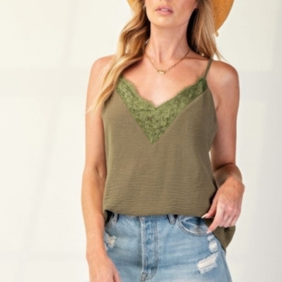 eesome Tops - Olive Green Lace Trim Cami Top
